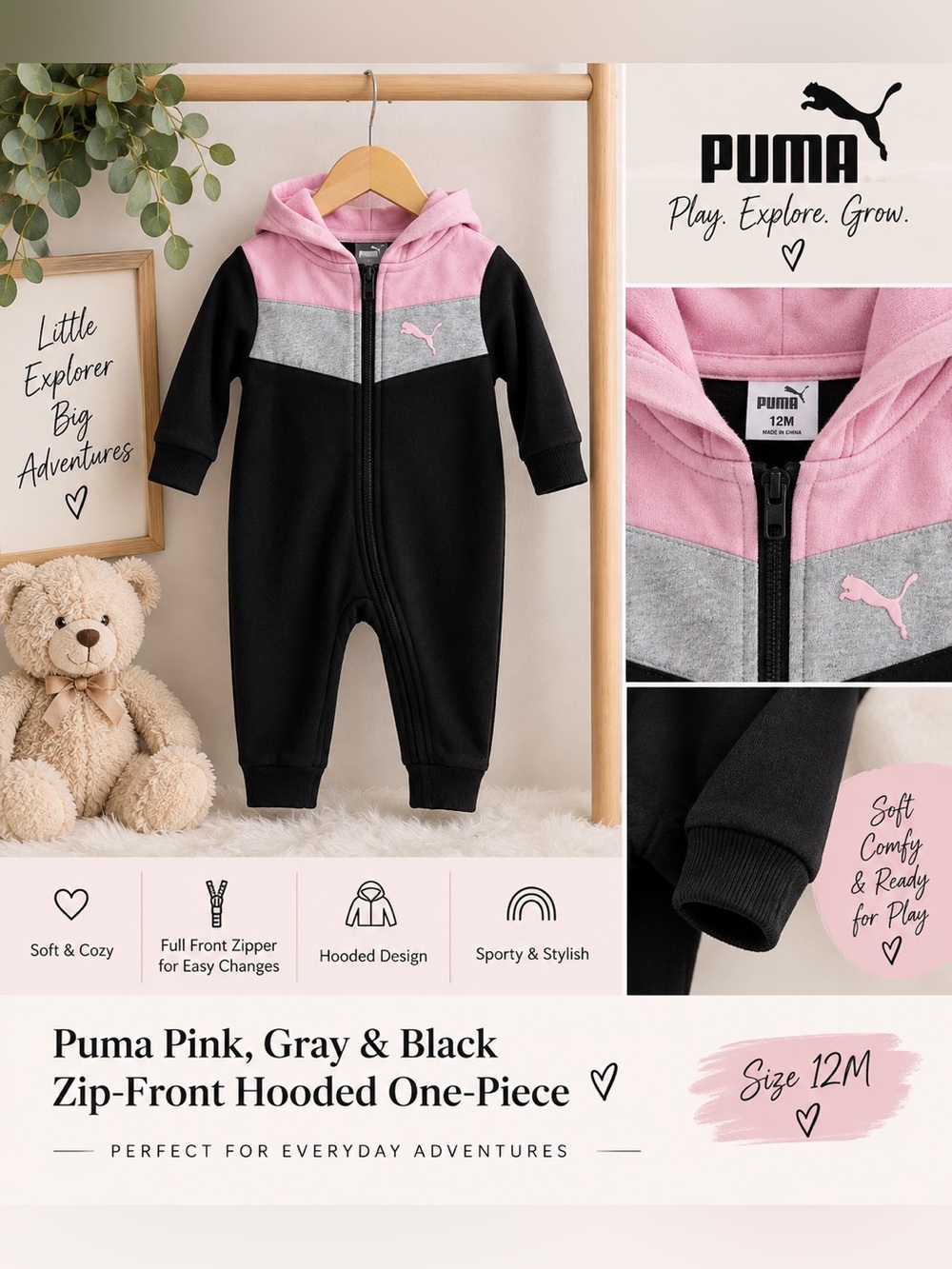 Puma Baby 12M Pink Gray & Black Hooded Zip One-Piece Romper